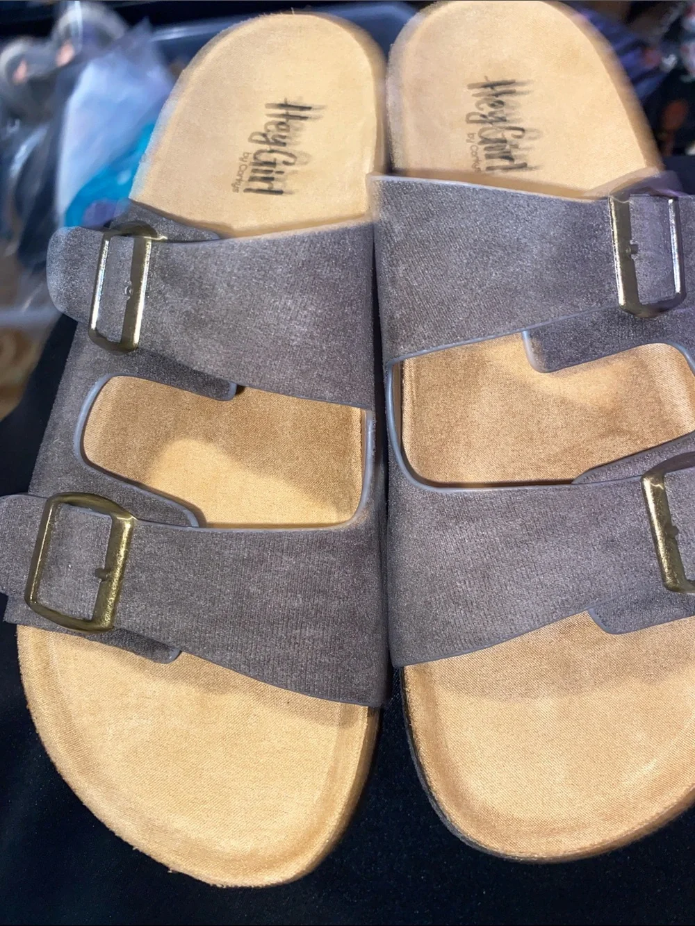 HEY GIRL BY CORKYS WANNABE WO SIZE 11 GRAY FAUX SUEDE SLIP ON WEDGE SANDAL